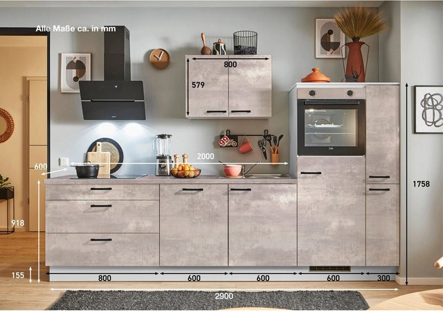 pino Küchenzeile Beton Perlgrau mit 1 Geräteplatz und 1 Seitenschrank, Breite: 280 cm - Bild 1
