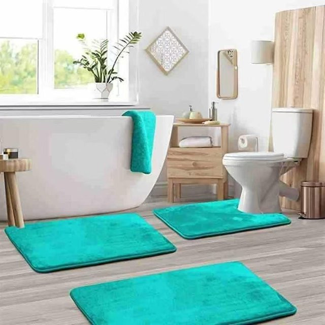 Dreiteiliges Badezimmer-Set aus Korallenvlies von Yiran Health & Beauty in Türkis, saugfähig und rutschfest, B/T: 40 x 50 cm - Bild 1