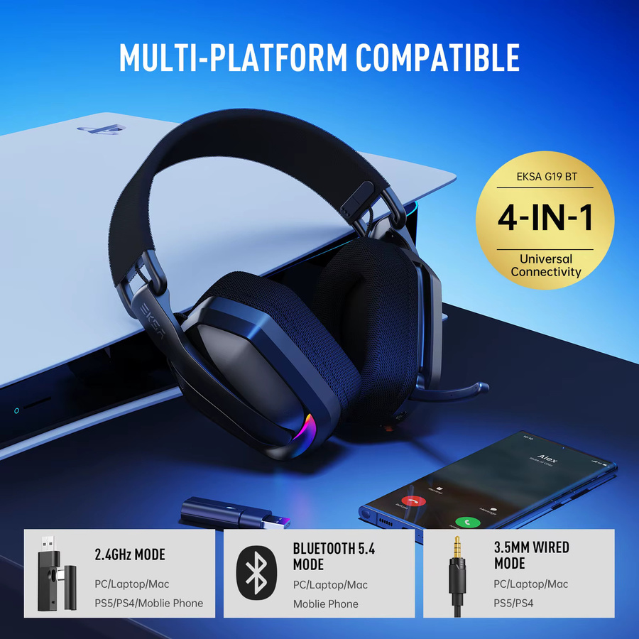 EKSA G19BT kabellose Gaming-Kopfhörer in Schwarz mit 2,4 GHz und Bluetooth 5.4, ultraleichtes Headset mit Mikrofon für PC, PS5 und Xbox - Bild 2