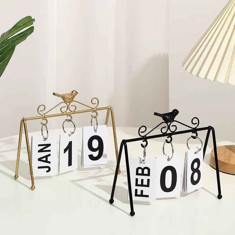 Kreativer DIY Eisen Vogel Ewiger Kalender in Gold als dekorative Tischdekoration aus Metall - Bild 1