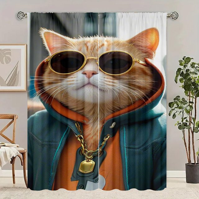 Yiran Furniture Vorhang mit Katzen-Print, 2er-Set, braun/mehrfarbig, Polyester - Bild 1