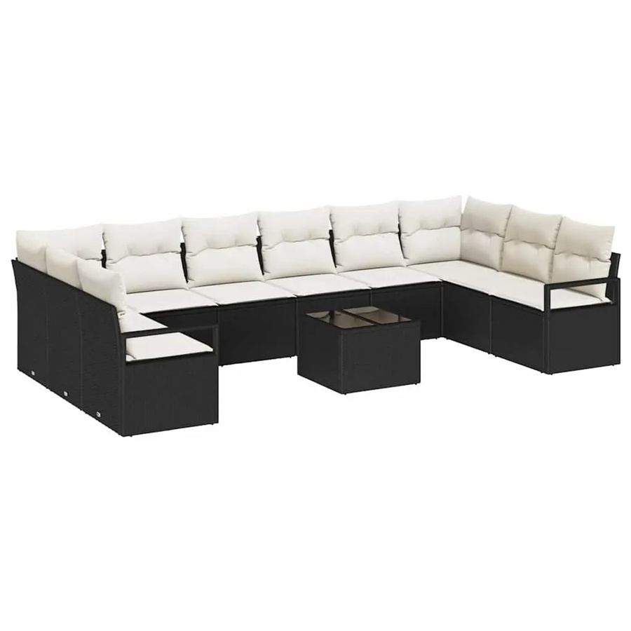 vidaXL Garten-Sofa-Set 11-teilig in U-Form aus Poly Rattan und Stahl, Schwarz-Creme mit Polstern und Tisch - Bild 2
