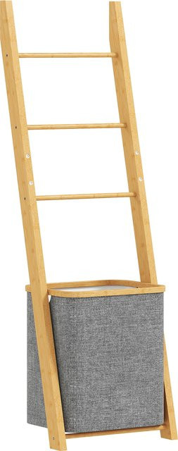 HOMCOM Badezimmerregal aus Bambus in Grau und Braun mit 3 Handtuchstangen und entnehmbarem 48 L Wäschekorb - Bild 1