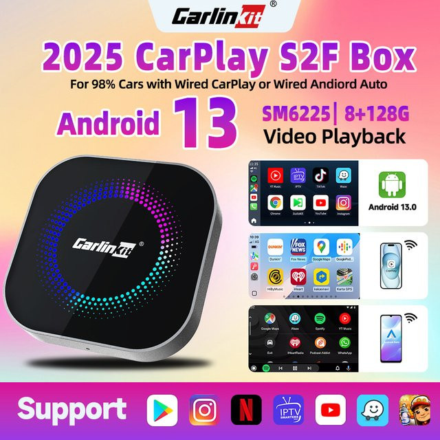 CarlinKit Wireless CarPlay Adapter mit QCM6225 Chip für kabellose Verbindung, unterstützt YouTube und Netflix, Schwarz - Bild 1