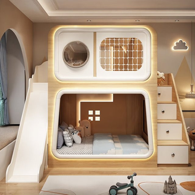 MODX Kinder Etagenbett aus Holz mit Raumkapsel, Bücherregal und Rutsche, Baumhaus-Hochbett B: 200 cm, T: 120 cm, H: 120 cm - Bild 1