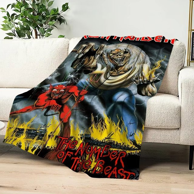 VIKAMA Iron Maiden Band Decke mit Skelett und Flammen Design in Schwarz, B/B/H: 90 x 75 x 0 cm - Bild 1