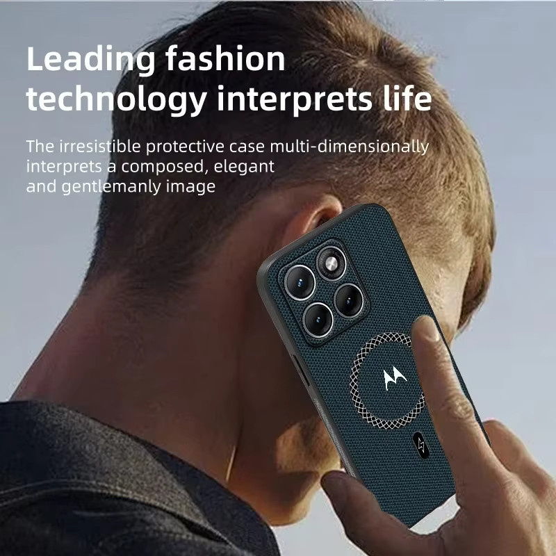 Luxuriöse Lederhülle mit Dreieckmuster und Magnetverschluss für Motorola Signature Edge 70Pro und Fusion 60 Pro in Schwarz, kompatibel mit MagSafe kabellosem Laden - Bild 4