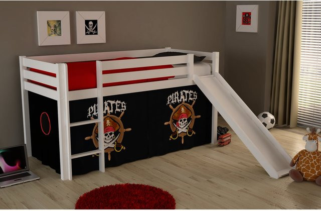Vipack Spielbett Pino mit Rutsche und Textilset Pirates aus massiver Kiefer, weiß lackiert - Bild 1