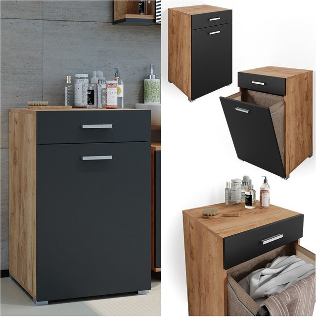 Vicco Badschrank Matteo Waschmaschinenschrank mit Wäschekorb in Anthrazit und Gold, B/T/H: 50 x 18 x 79 cm - Bild 1