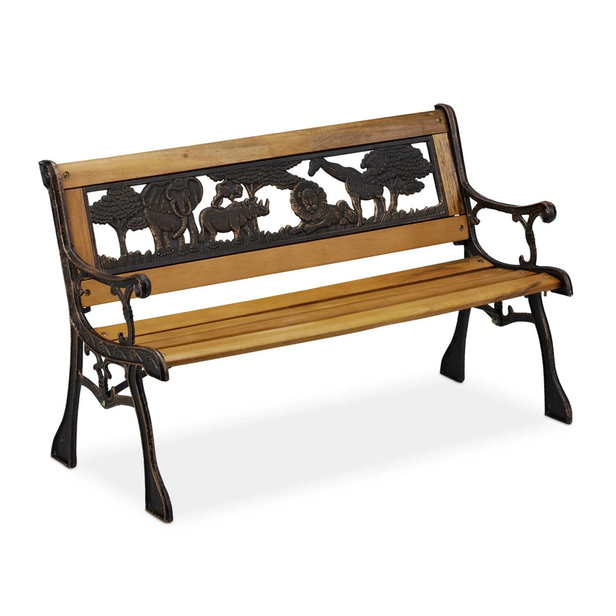 Relaxdays Kinder Gartenbank mit Tiermotiv aus Holz und Gusseisen in Schwarz und Bronze, B/H/T: 83 x 51 x 37 cm - Bild 2