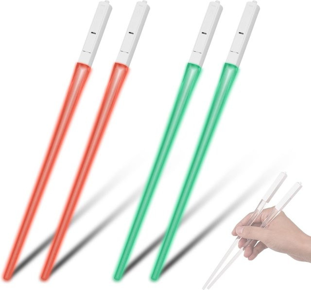 2 Paar mfySpace Essstäbchen mit Lichtschwert-Effekt und LED-Leuchten, 9 bunte farbwechselnde Farben, transparentes Weiß aus Kunststoff - Bild 1