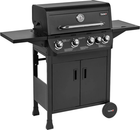 TAINO BRANDO Gasgrill in Schwarz mit 4 Brennern und 1 Seitenkocher, BBQ Grillwagen aus emailliertem Stahl mit Thermometer und Warmhalterist