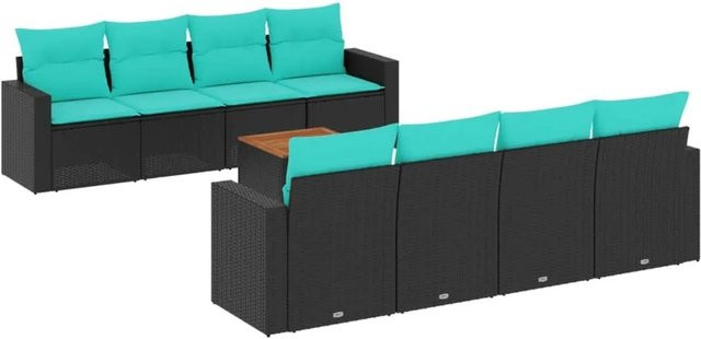 vidaXL 9-teilige Garten-Sofagarnitur aus Poly-Rattan und Akazienholz mit Kissen in Schwarz und Blau - Bild 1