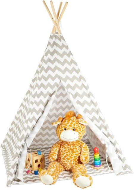 Relaxdays Tipi Zelt aus Leinen und Holz in Weiß und Grau, gepolstert, B/T/H: 160 x 115 x 115 cm - Bild 1