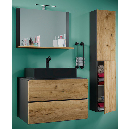 VCM Waschplatz-Set Lendas 4-tlg. in Anthrazit und Grau mit Keramik-Waschtisch, Unterschrank, Spiegel und Schubladen, Breite: 80 cm - Bild 2