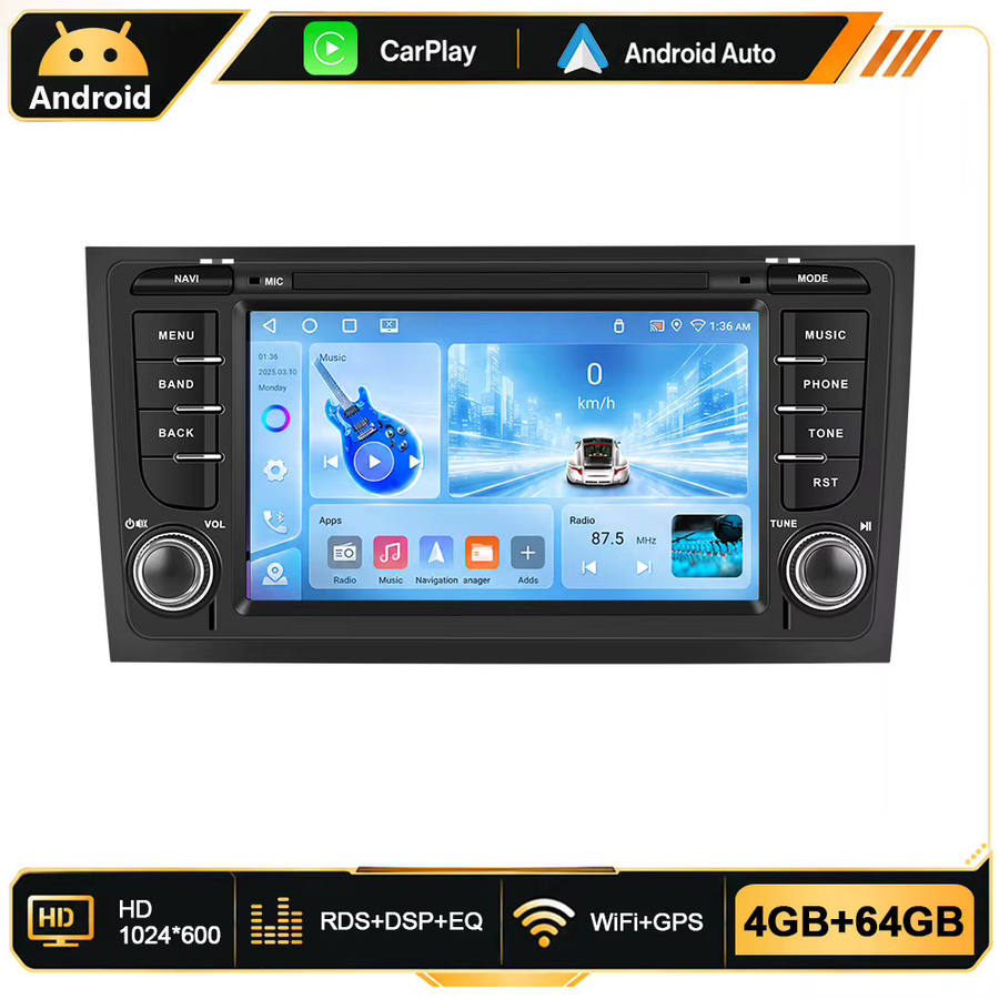 Podofo Android Autoradio mit 7 Zoll Display, 4G+64G, für Audi A6 C5 1997-2004, S6 1999-2004 und RS6 2002-2006, inklusive kabellosem CarPlay, Android Auto, GPS-Navigation, WLAN und Bluetooth, Schwarz - Bild 7