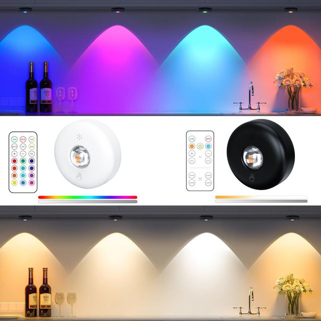 Kabelloses LED-Nachtlicht mit Fernbedienung und RGBW-Funktion, Batteriebetriebene Unterbauleuchte für Küche und Möbel, Weiß - Bild 1