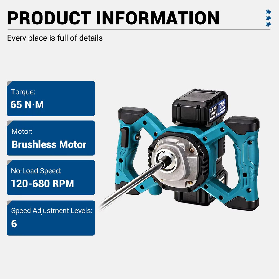 Drillpro Bürstenloser Elektromixer in Blau mit 6 Geschwindigkeiten für Makita 18V Akku als kabelloser Betonmischer für Zement, Mörtel und Putz - Bild 3