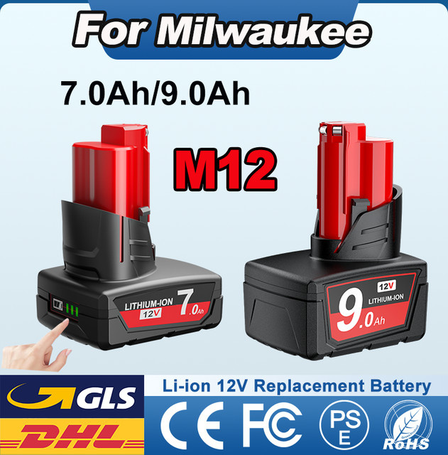 Milwaukee M12 Akku 12 V mit 7,0 Ah oder 9,0 Ah Kapazität für Milwaukee M12 48-11-2402 48-11-2411 48-11-2401 MIL-12A-LI - Bild 1