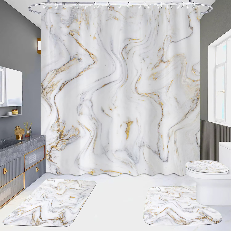 VIKAMA Duschvorhang Set mit Toilettenabdeckung in Marmor-Optik, Weiß-Gold, modernes 3D-Design aus Polyester, Höhe: 180 cm, Breite: 180 cm - Bild 1