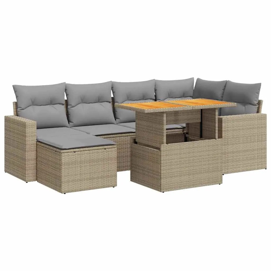 vidaXL 7-teilige Garten-Sofagarnitur in L-Form aus Poly-Rattan und Akazienholz mit Kissen in Beige-Grau - Bild 2