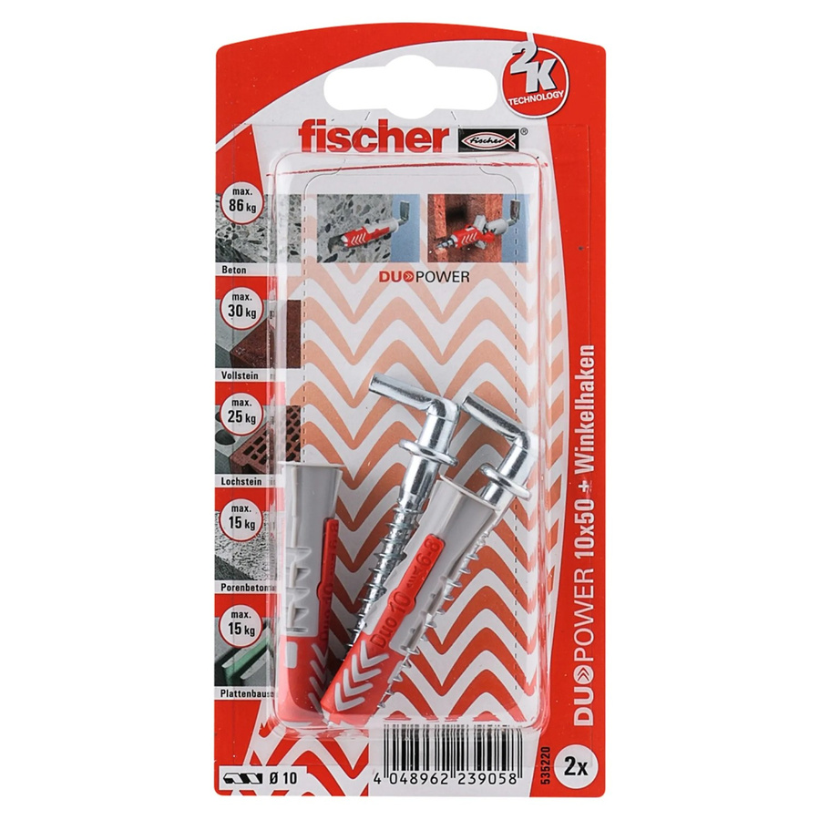 Fischer DuoPower Dübel aus Nylon in Weiß, Durchmesser: 10 mm, Länge: 50 mm, 2 Stück mit Winkelhaken - Bild 2