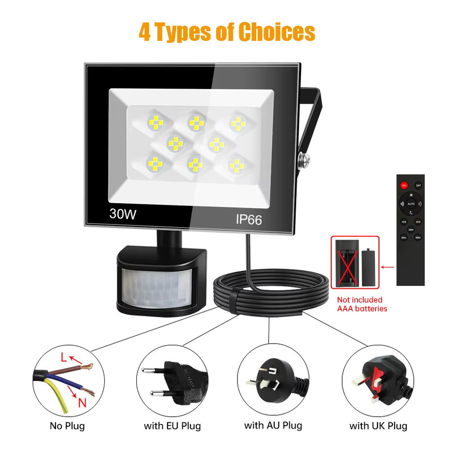 Asign LED-Flutlicht mit PIR-Bewegungssensor und Fernbedienung, 30W-100W, 6500K Kaltweiß, IP66 wasserdichter Außenstrahler für Garten und Wand, Weiß - Bild 2