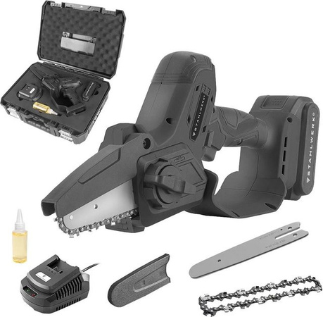 STAHLWERK Mini Akku Kettensäge 20 V Set in Schwarz mit Akku, Ladegerät, Ersatzkette und Ersatzschwert