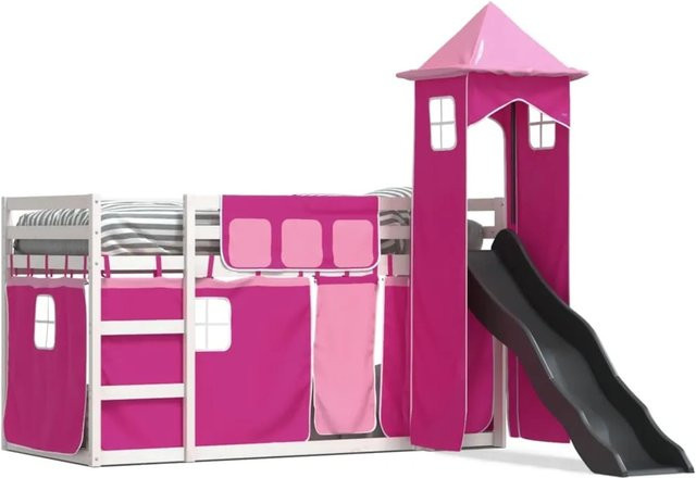 vidaXL Etagenbett für Kinder aus Massivholz mit Rutsche und Gardinen in Rosa, B/T/H: 200 x 90 x 113 cm - Bild 1