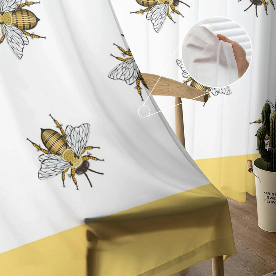 Yiran Furniture Transparentes Voile-Fenstervorhang Biene Insekt Gelb mit Ösen B: 135 cm, H: 115 cm - Bild 1