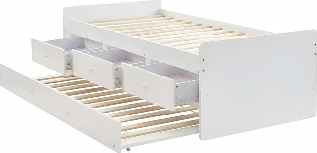 Weisses Kinderbett als Tagesbett aus Kiefernholz und MDF mit Ausziehbett und Schubladen, B/H: 90 x 190 cm - Bild 1