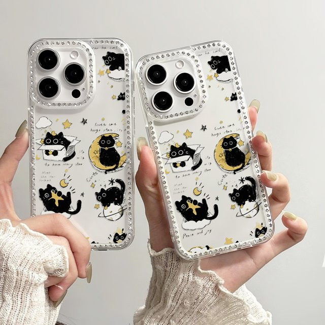 Caynes Stoßfeste iPhone Schutzhülle mit Cartoon Katze und Glitter Diamant Design in Transparent - Bild 1