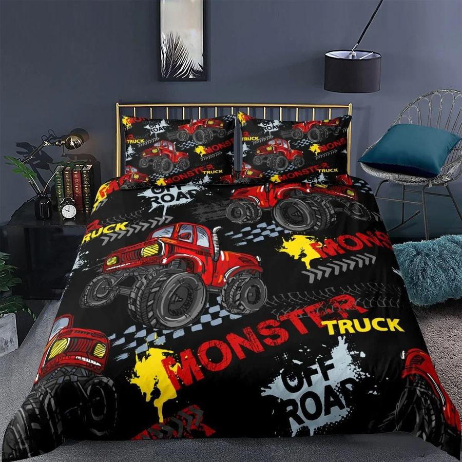 Bettwäscheset für Kinder mit Traktor und Monster Truck Muster, 2-teiliges Set aus Microfaser bestehend aus Bettbezug und Kissenbezug, Mehrfarbig, Breite: 70 cm, Länge: 133 cm - Bild 1