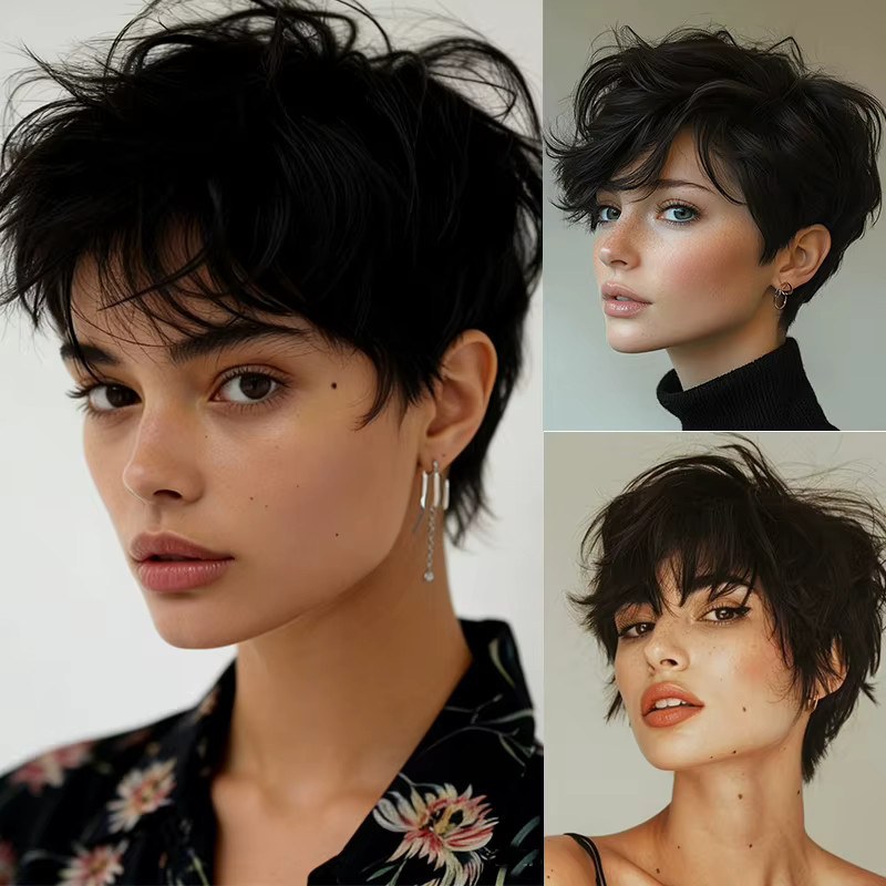 OYM HAIR Pixie-Schnitt-Perücke, kurzes Remy-Echthaar mit Pony, Schwarz - Bild 2