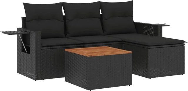 vidaXL 5-tlg Garten-Sofagarnitur aus Poly-Rattan und Akazienholz in Schwarz mit Kissen Modell 115 - Bild 1