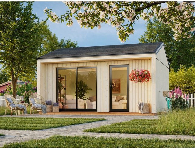 Palmako Gartenhaus Rebekka Satteldach aus Fichte in Natur mit Boden und modernem Design B: 562 cm, T: 448 cm, H: 250 cm - Bild 1