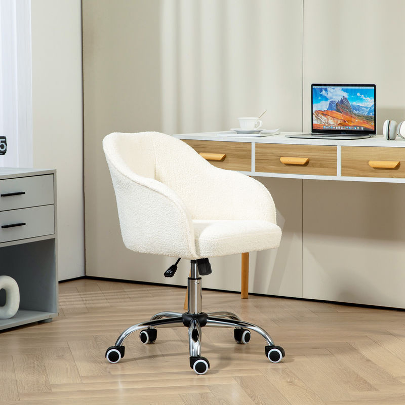 Ergonomischer HOMCOM Homeoffice Schreibtischstuhl in Cremeweiß mit Teddysamtoptik, höhenverstellbarer Drehstuhl mit Wippfunktion und Rollen - Bild 2