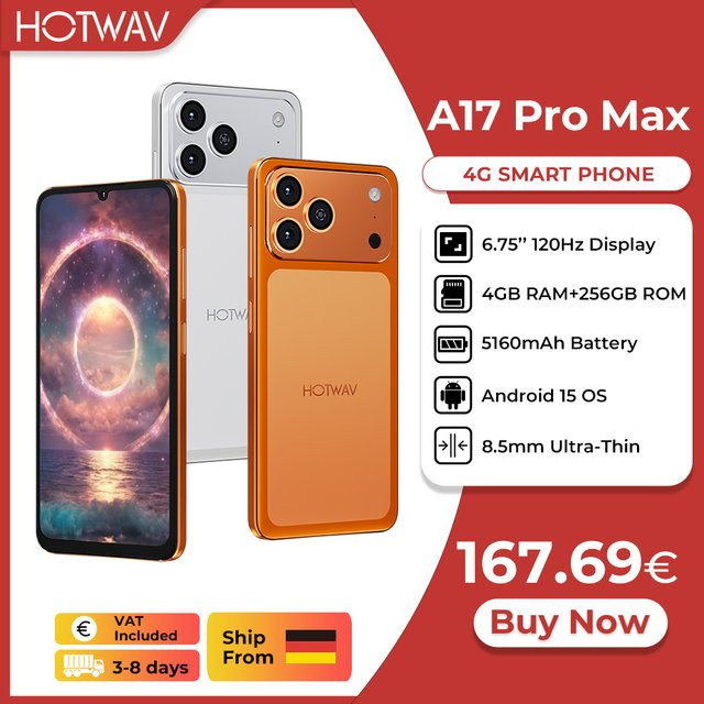 HOTWAV A17 Pro Max Smartphone mit 6,75 Zoll 120Hz Display, 256GB Speicher, 4GB RAM, Android 15 und 5160mAh Akku in Schwarz - Bild 1
