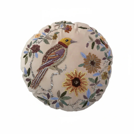 House of Nature Rundes Samtkissen Landeck mit Vogel- und Blumenmotiven in Gelb, Lila, Blau und Grün, Durchmesser: 45 cm