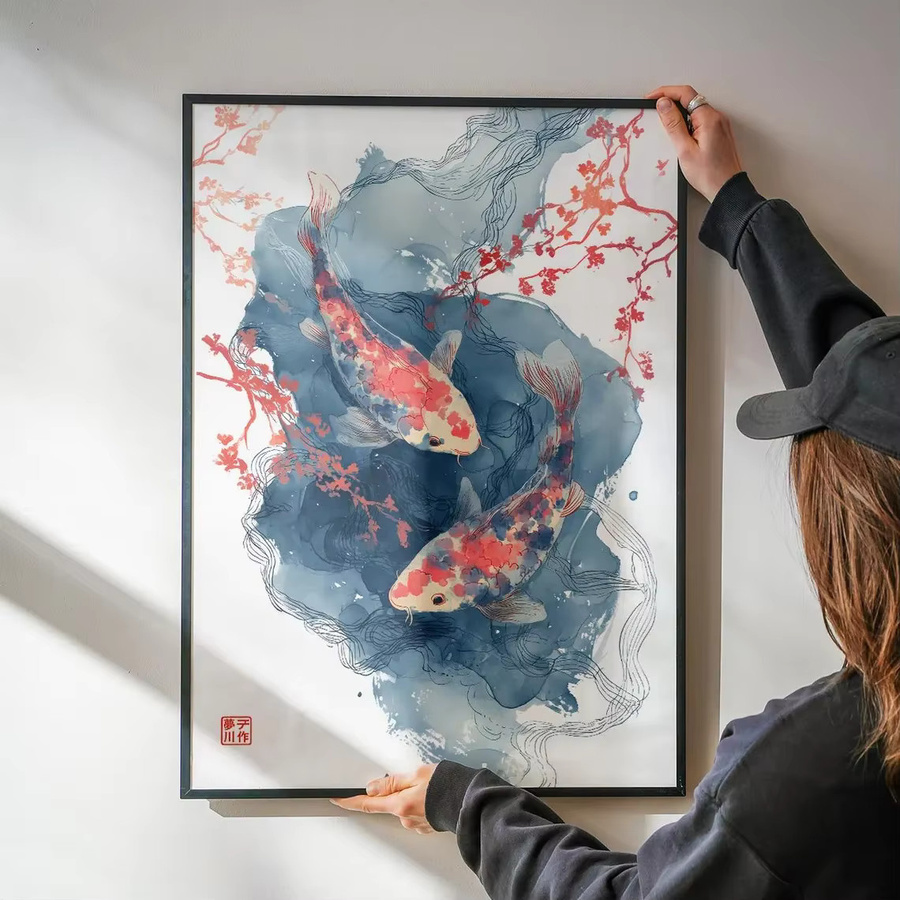 Wanddekoration von SHENCHEN im japanischen Aquarell-Stil mit bunten Koi-Fischen und Kirschblüten, mehrfarbig - Bild 3