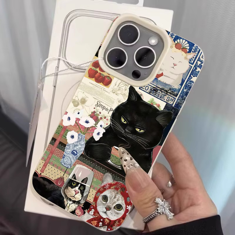 Stoßfeste Handyhülle mit schwarzer Katze und Lychee-Muster für Apple iPhone 11 bis 17 Pro Max und weitere Modelle, Schwarz/Mehrfarbig - Bild 2