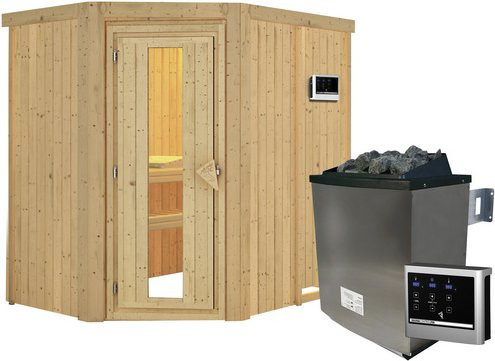 Karibu Sauna Vijandi aus Fichtenholz mit 9 kW Saunaofen und externer Steuerung für 3 Personen, Farbe: beige, B/T/H: 196 x 151 x 198 cm - Bild 1