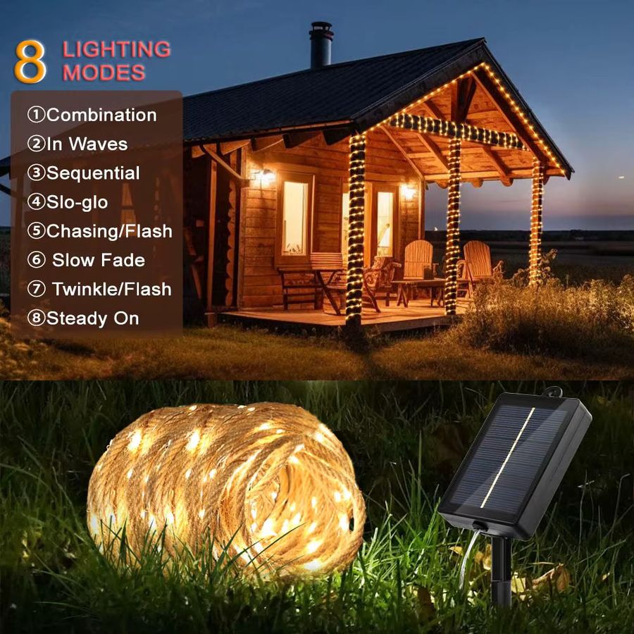 Leclstar Solar-Hanfseil-Lichterkette mit LED und 8 Modi, wasserdichte Feengirlande für Außenbereich, Hof und Camping - Bild 4