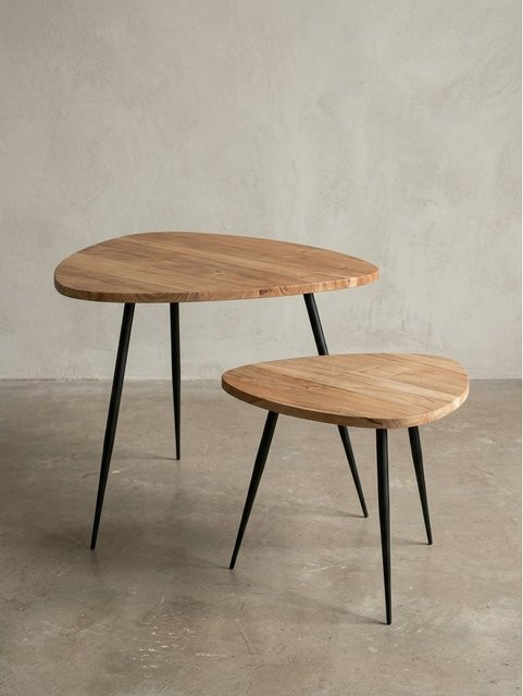 KADIMA DESIGN Beistelltisch Set aus Akazie Massivholz und Metall im Industrial Style, 2-teilig, braun/schwarz, Nierenform - Bild 1