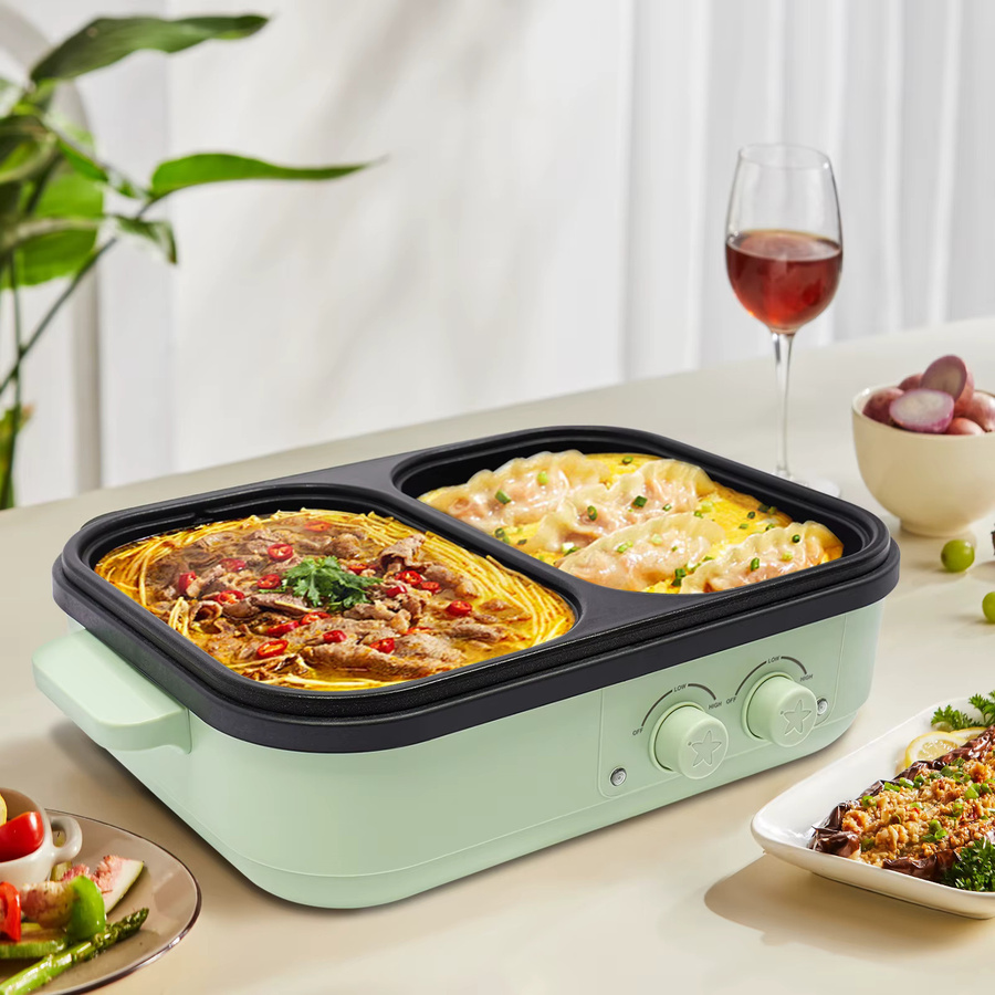 Bymaocar 2-in-1 Hot Pot und Grillplatte in Grün mit Antihaftbeschichtung und 1300W Leistung - Bild 2