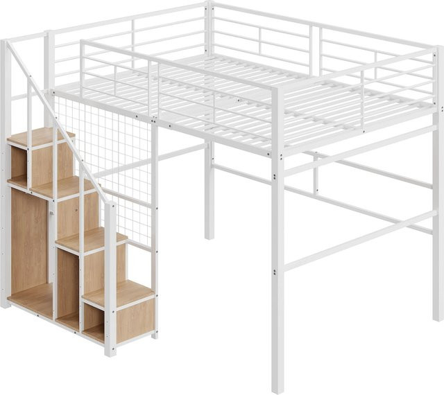 KOMHTOM Hochbett für Kinder und Jugendliche aus Metall mit Sicherheitsleiter und Ablagefläche, Weiß, B/T/H: 140 x 200 x 170 cm - Bild 1