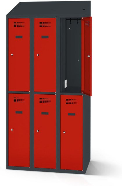 rotstahl Garderobenspind mit 6 Türen und Ladefunktion, Farbe Rot mit anthrazitgrauem Korpus, B: 90 cm, H: 200 cm - Bild 1