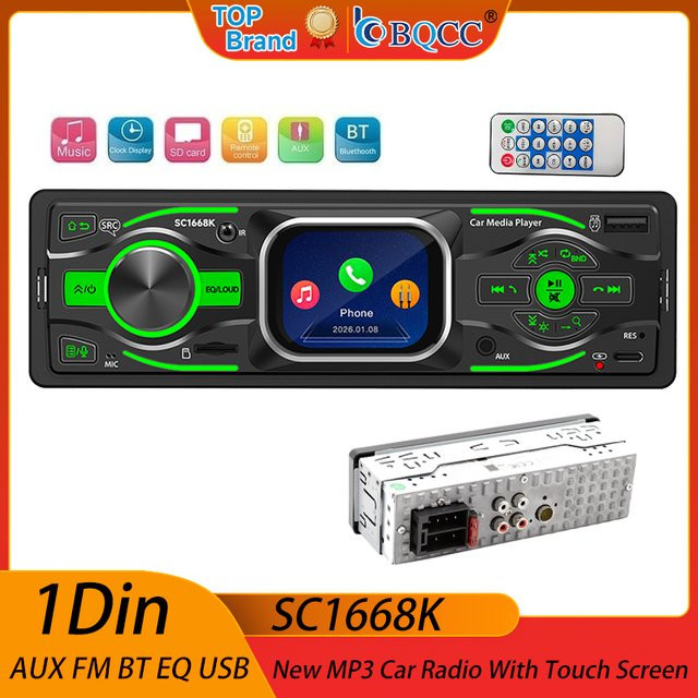 BQCC 1DIN Auto-MP3-FM-Radio mit Bluetooth, AUX, Typ-C-Ladefunktion und 7-Farben-Beleuchtung in Schwarz - Bild 1