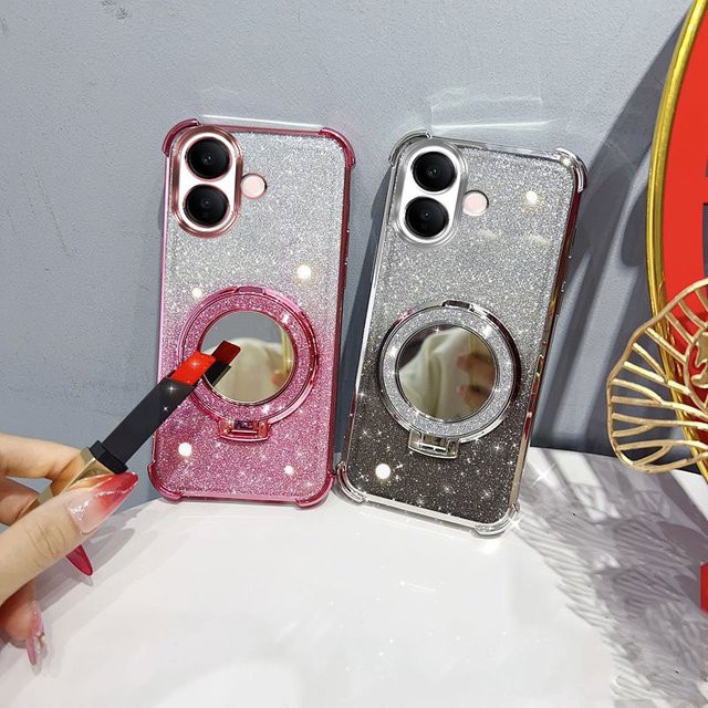 LIEI Schutzhülle mit Glitzer-Effekt, Spiegelständer und Perlenband für Vivo V60 Lite 4G 5G und IQOO Z10R in Pink - Bild 1