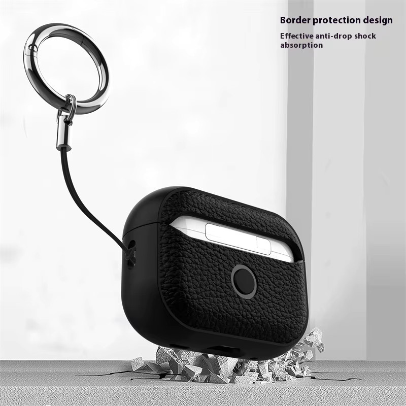 Luxus Lychee Leder Schutzhülle für Apple AirPods Pro mit Haken und Trageriemen in Schwarz - Bild 3